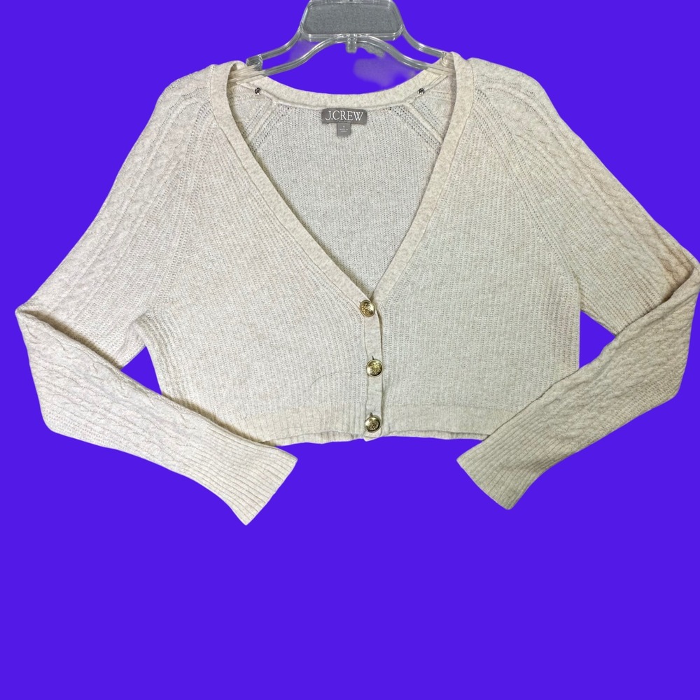 J.Crew Cropped Cardigan Merino Alpaca Gold Crest Button Cream Preppy Small White